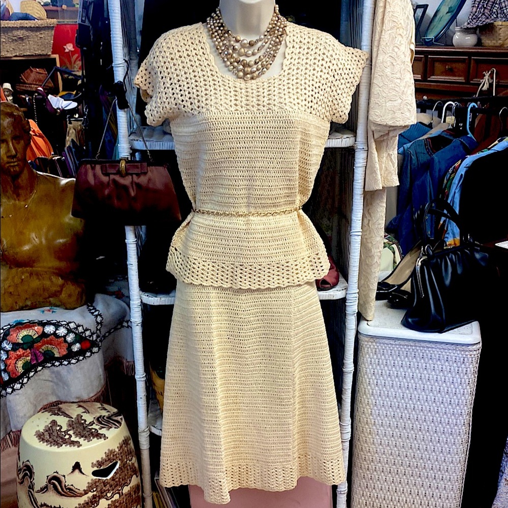 *Vintage 1950’s- handmade, crocheted, Elegant Cream Knit Skirt Set